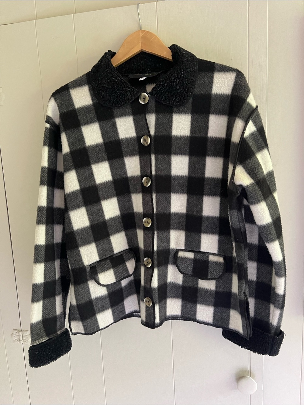 Black & White Buffalo Check Sherpa Collar Jacket